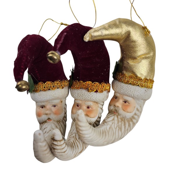 3 Vintage Porcelain Santa Moon Face Christmas Ornaments Set Retro Holiday Decor - Picture 1 of 11